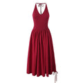 Drawstring Summer Dress Women Casual Backless Halter Burgundy A-line Midi Dress