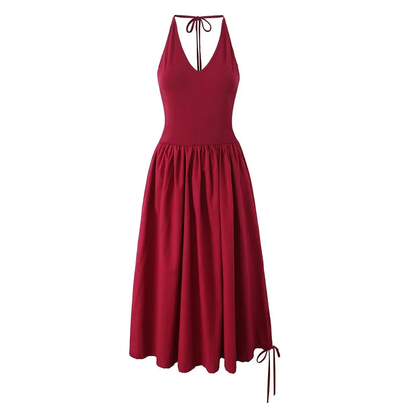 Drawstring Summer Dress Women Casual Backless Halter Burgundy A-line Midi Dress