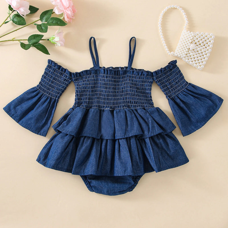 Summer Infant Baby Girls Bodysuit Off Shoulder Long Sleeve Patchwork Casual Party Street Fall Dress Clothes