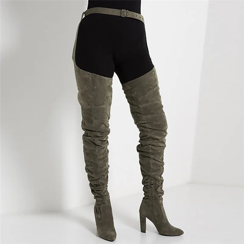 Boots Women Winter Belt Thigh High Boots Army Green Heels Leg Boots