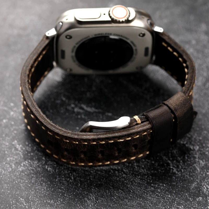 Handmade Leather Strap Grey For Apple Watch Double Thickened Men Bracelet Brushed Leather