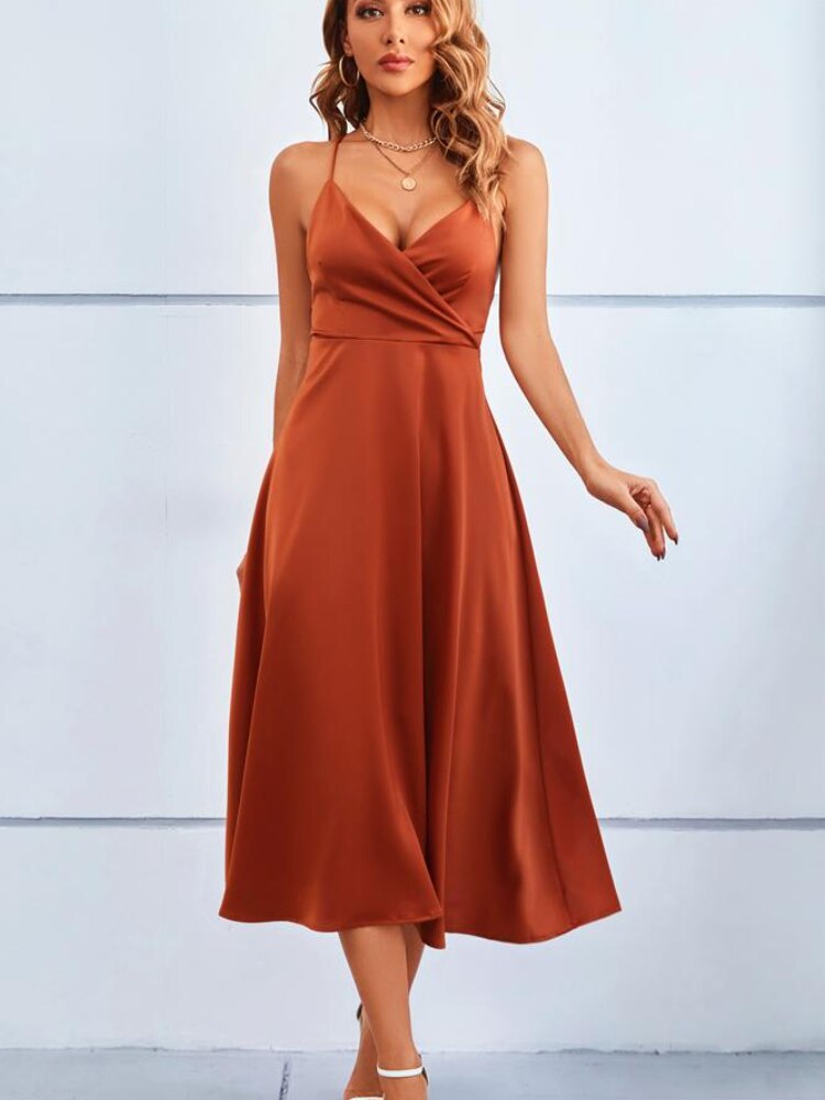 Beach Dress Women Elegant A Line Sexy Satin V Neck Backless Party Dresses Summer Bandage Spaghetti Strap Midi Robe