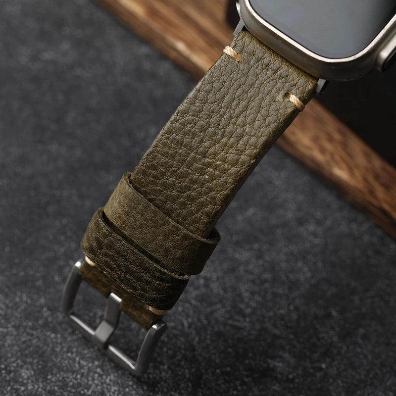 Handmade Head Layer Leather Watchband Lychee Pattern For Iwatch Apple Watch s8/S7 Genuine Leather