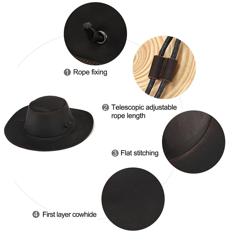 Genuine Leather Male Western Cowboy Hat Vintage Jazz Fedora Leather Large 62CM for Men