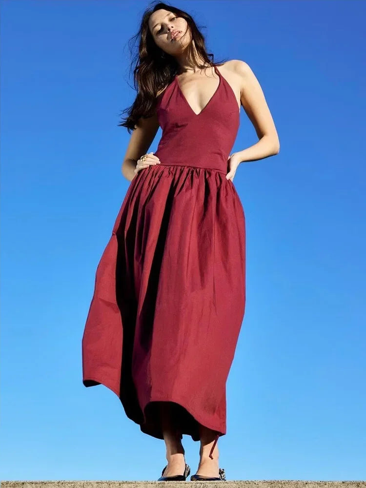 Drawstring Summer Dress Women Casual Backless Halter Burgundy A-line Midi Dress