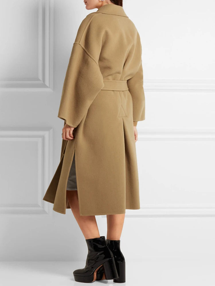 Solid Bandage Belt Long Woolen Trench Jacket Women's Trendy Elegant Luxury Windbreaker Coat