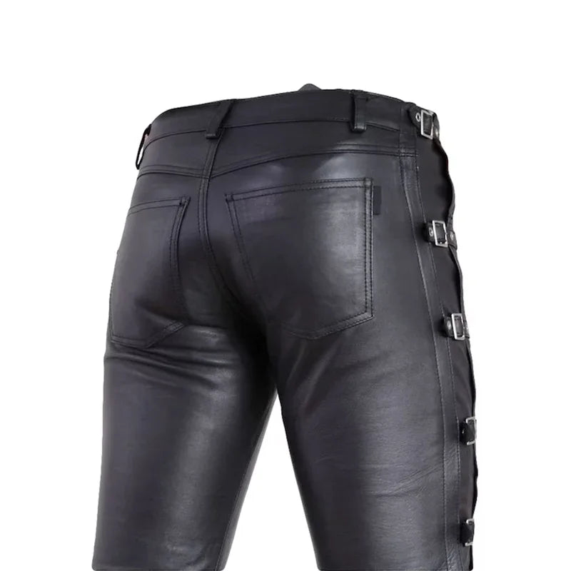 Men Leather Straight Pants Male Slim Splicing Pencil Trousers