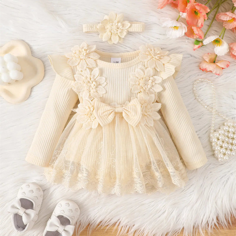 Infant Baby Girls Rompers Dress Flower Embroidery Tulle Rib Knit Bodysuit with Headband Toddler Kid Fall Winter