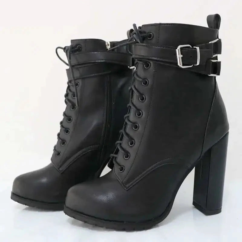 Block High Heel Women Boots Ankle Straps Round Toe Hidden Platform Lace Up Shoes