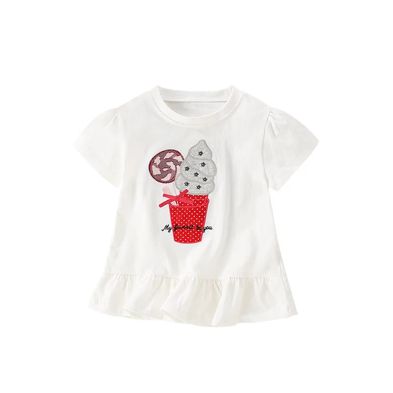 Ice Cream Embroidery Cotton Summer Girls Tshirts Baby Clothes Children's Tees Tops