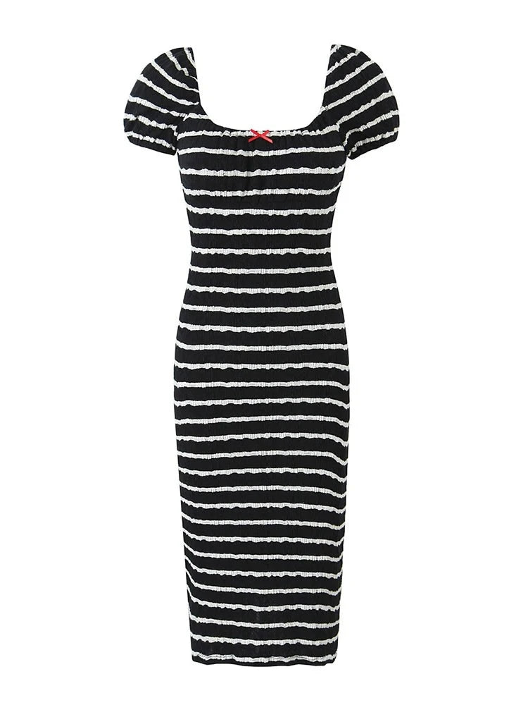 Women Striped Stretch Knit Midi Dress Cute Square Collar Sexy Slim Chic Puff Sleeve Dresses