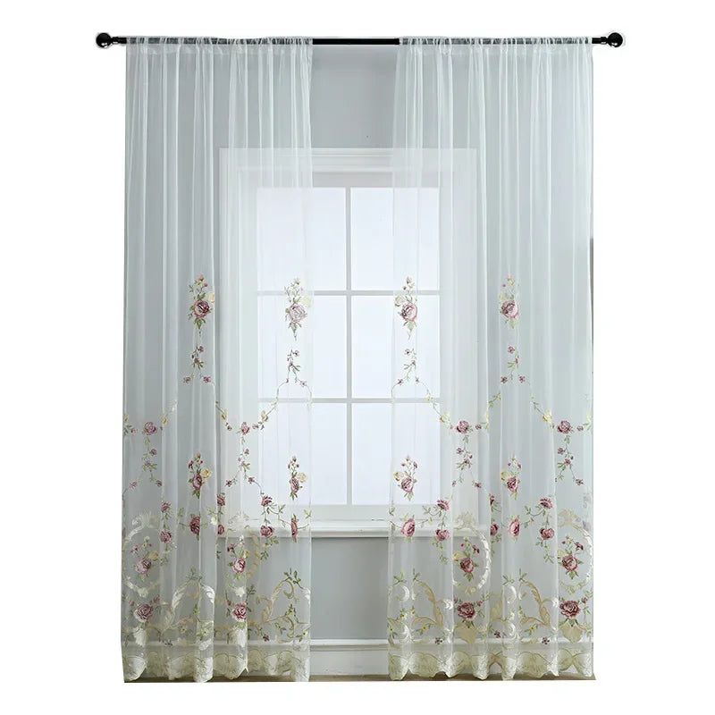 Flower Embroidered Curtains for Living Dining Room Bedroom Semi-Blackout Yarn Sheer Transparent