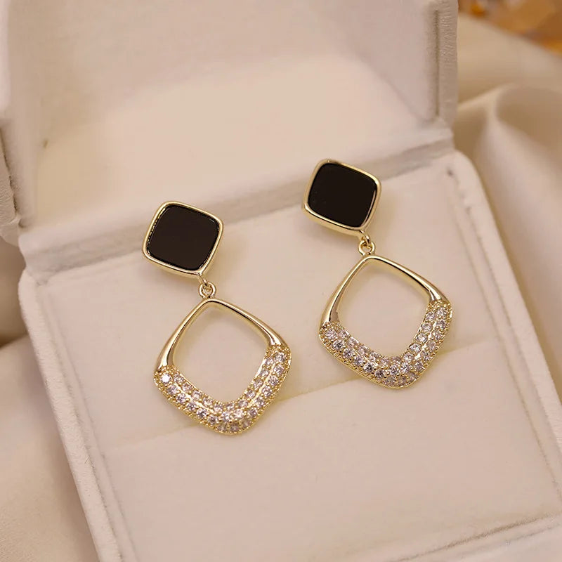 Drop Earrings for Women Hollow Square Black Enamel Oil Crystal Dangle Earrings Jewelry