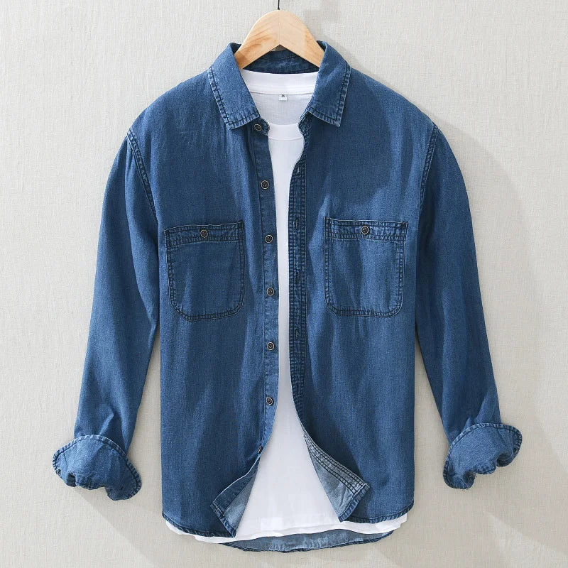 Men's Cotton Linen Shirt Long Sleeve Classic Denim Blouse Simple Male Casual Tops Shirts Coats