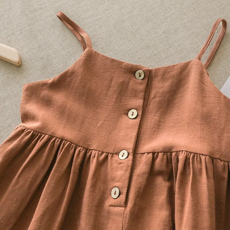 Linen Girl Summer Dress Casual Strapless Button Dress For Kids Girl