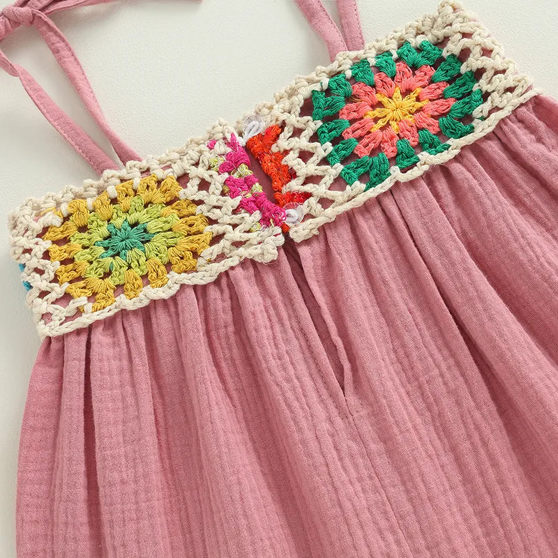 Kids Girls Dress Crochet Embroidery Sleeveless Tie-Up Spaghetti Strap Cami Dress Summer Casual Clothes Princess Dress