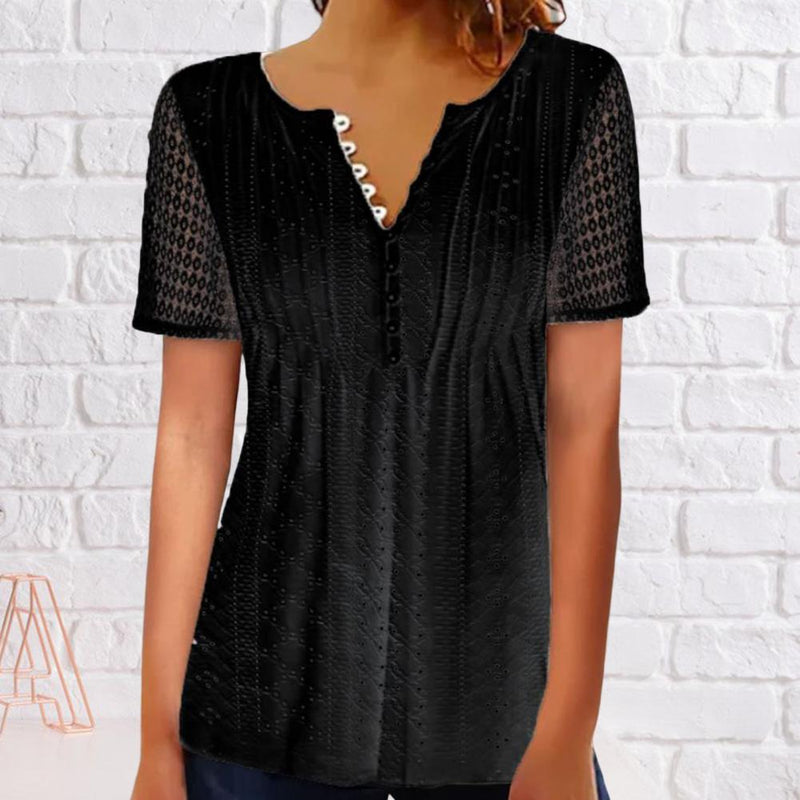 Summer Ladies Shirt Button Half Placket Lace Hollow Out Short Sleeve Solid See-through Women Blouses Top T-shirts