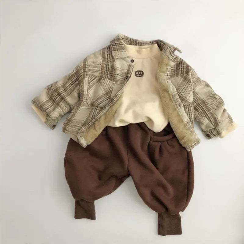 Plaid Cotton Shirt Fleece Inside Infant Toddler Kid Casual Warm Shirt Outwear Long Sleeve Winter Baby Clothes