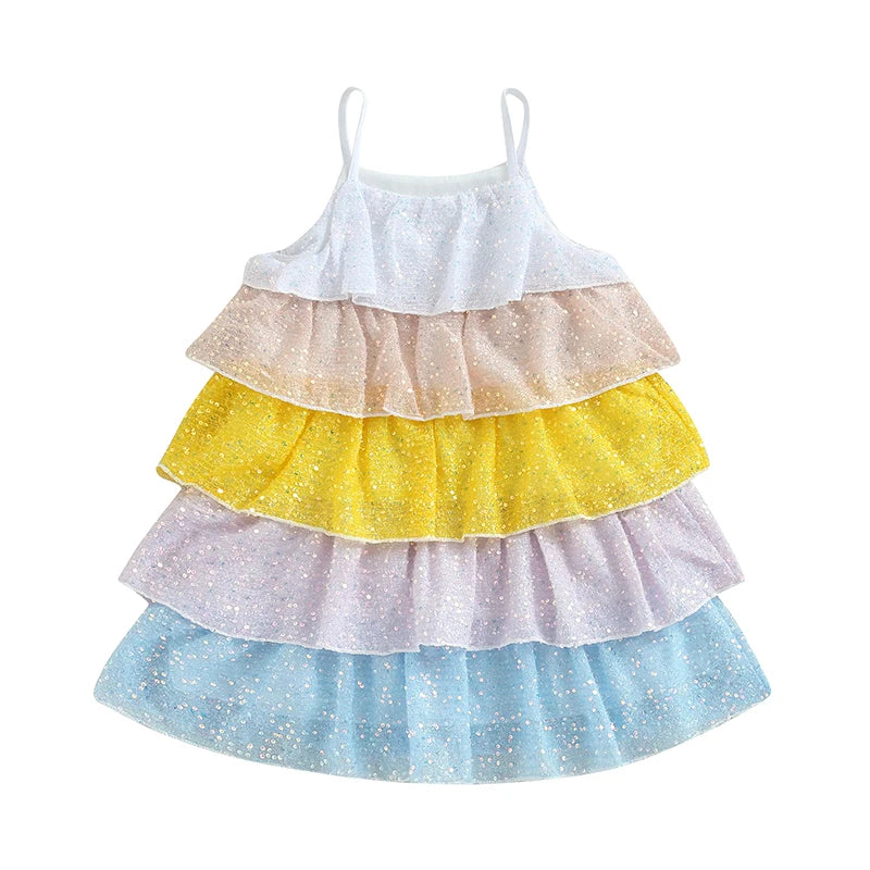 Summer Kids Girls Dress Contrast Ruffles Sleeveless Dress Casual Clothes Princess Dress