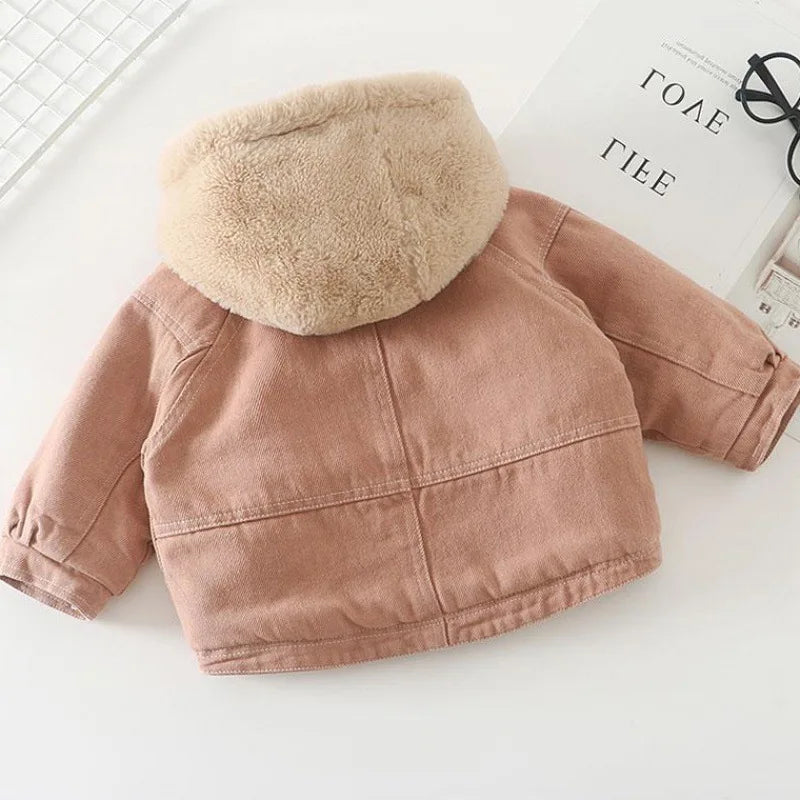 Girls Velvet Denim Coat Autumn Winter Jacket New Children's Thicked Warm Girls Plush Hooded Outerwear