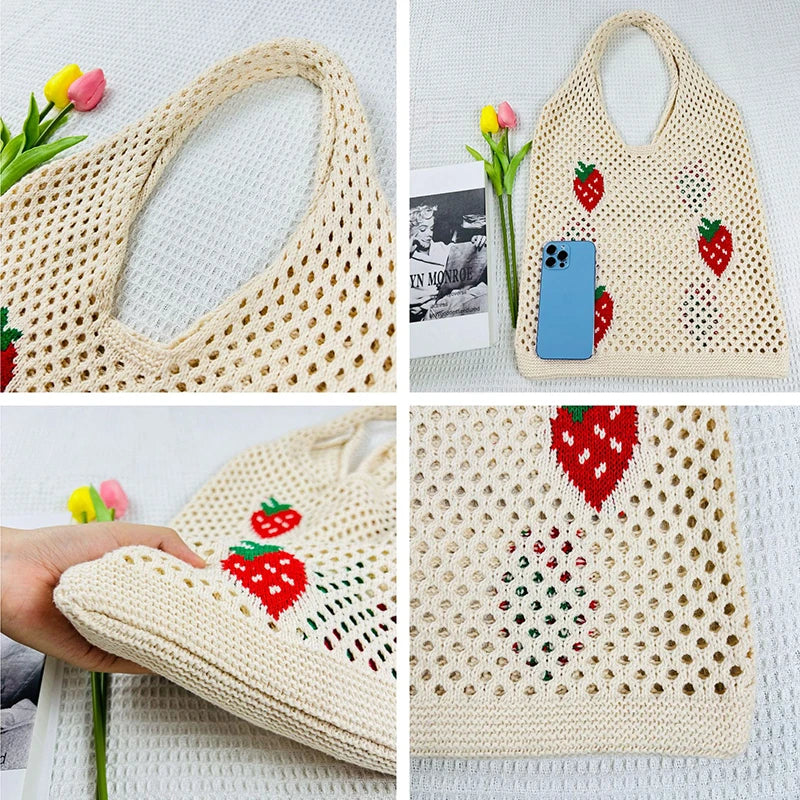 Women Large Capacity Shoulder Bag Stylish Strawberry Pattern Crochet Tote Bag All-Match Bag Cute Fanny Pack Knitting Bag