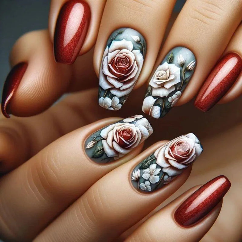 24pcs/set medium long nails beautiful rose flowers heart for Valentine's Day Wedding party press on nail