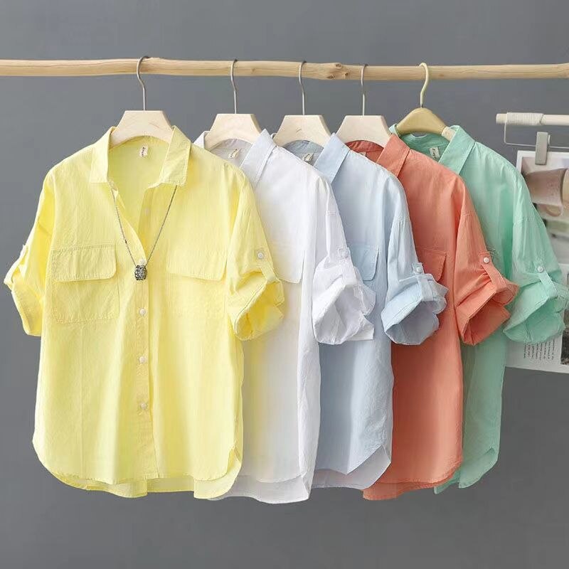 Summer Short Sleeve Cotton Shirt Women Casual Tops Solid Loose Fashion Blouse Elegant Pocket Office Lady Shirts Clothing