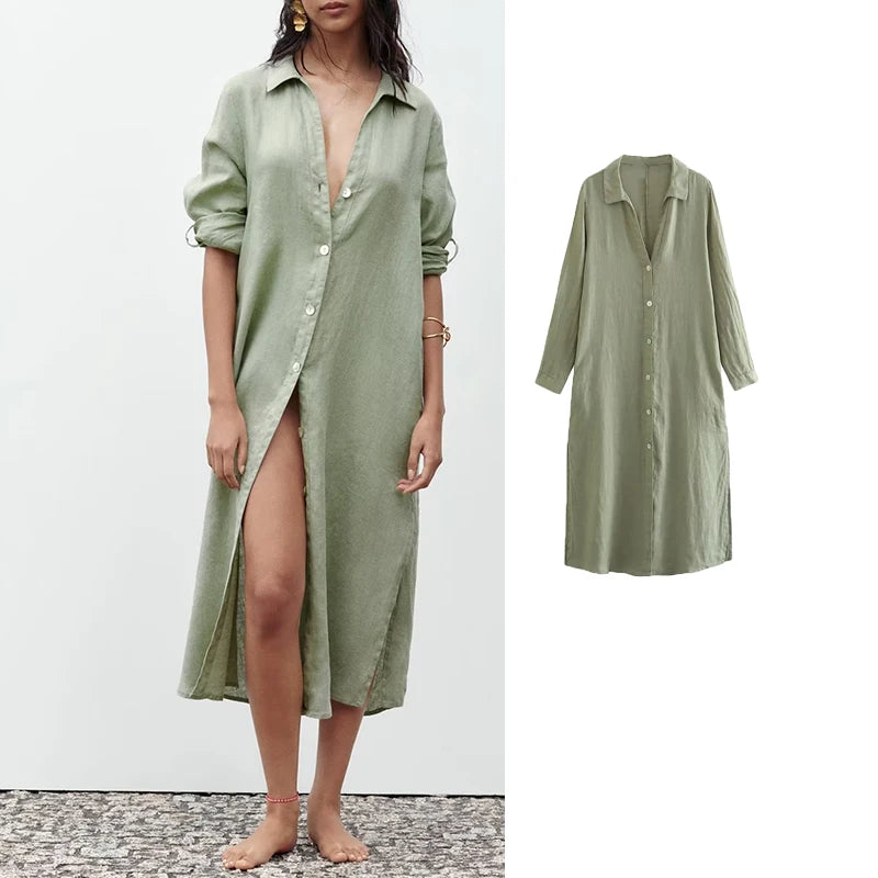 Dress Women Summer Boho Loose Women's Dress Linen Casual Dresses Button-up Shirts Dresses