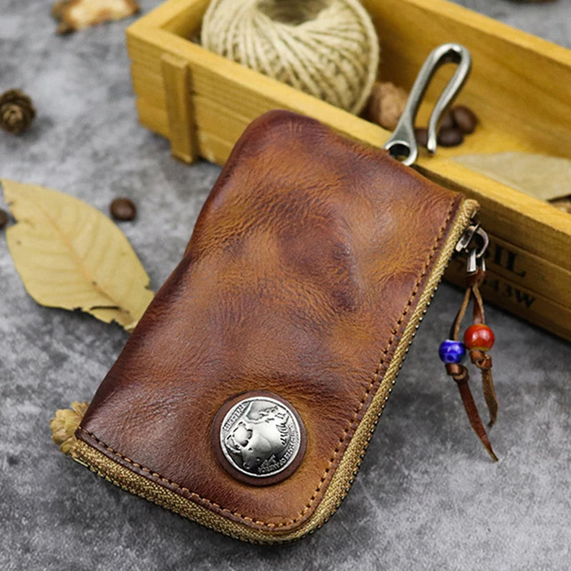 Unisex Retro Real Leather Key Bag Zipper Key Card Bag Door Car Key Holder Organizer Pouch