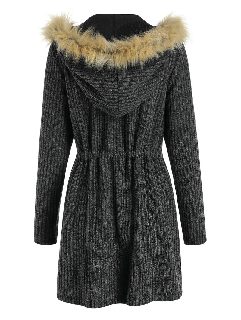 Panel Drawstring Hooded Ribbed Coat  Knitted Long Warm Coats For Women