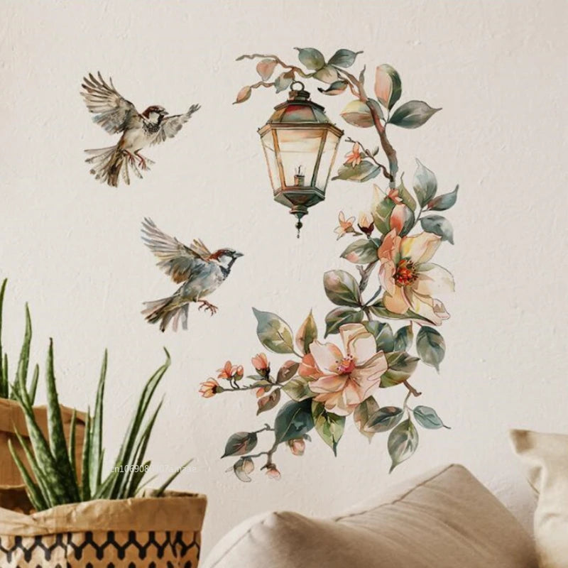 Flower Pendant Lamp Bird Wall Sticker for Bedroom Entrance Home Background Decor Wall Art