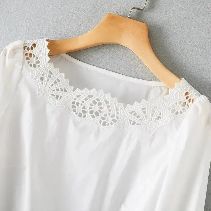 Lace Patchwork Ladies Clothes Summer Hollow Out Round Neck Tops Women  T-shirt