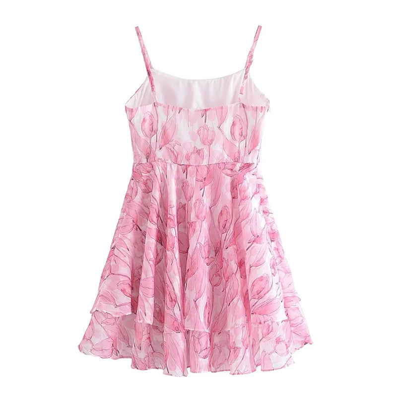 Sweet Women Pink Floral Sexy Sling Mini Dress Sleeveless Female Mini Summer Dresses Holiday Robe