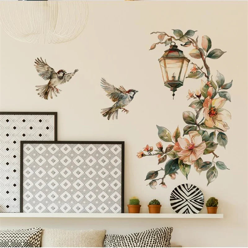 Flower Pendant Lamp Bird Wall Sticker for Bedroom Entrance Home Background Decor Wall Art