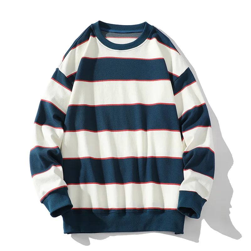 Spring Fall Striped Sweatshirt Contrast Color Patchwork O-neck Loose Casual Pullovers