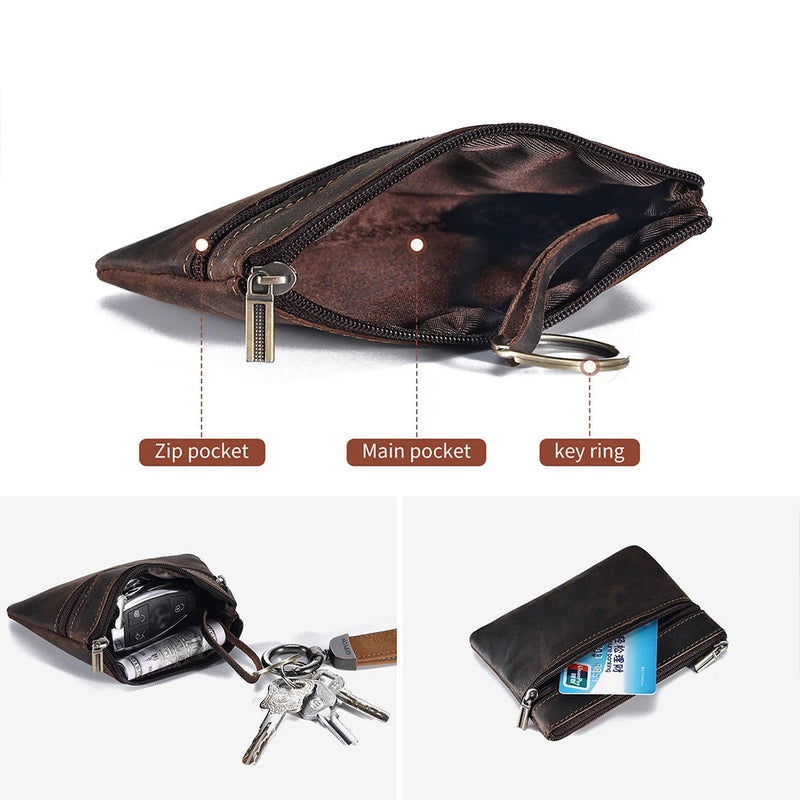 Leather Men Coin Purse Genuine Leather Zipper Coin Wallet Retro Small Money Bag