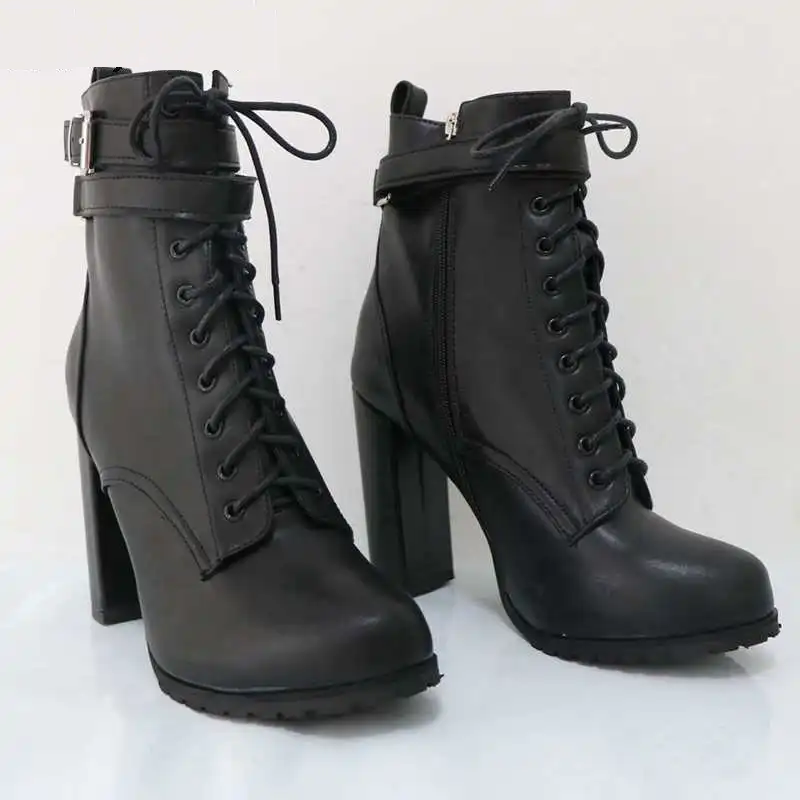 Block High Heel Women Boots Ankle Straps Round Toe Hidden Platform Lace Up Shoes