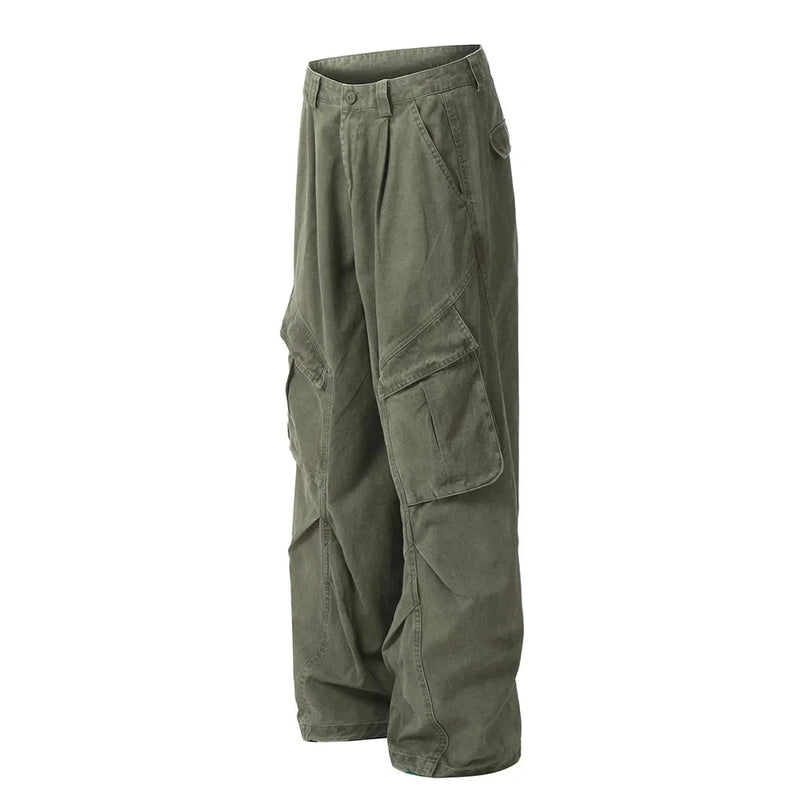 Spliced Pocket Cargo Pants Men Safari Loose Pleated Straight Wide Leg Trousers Men