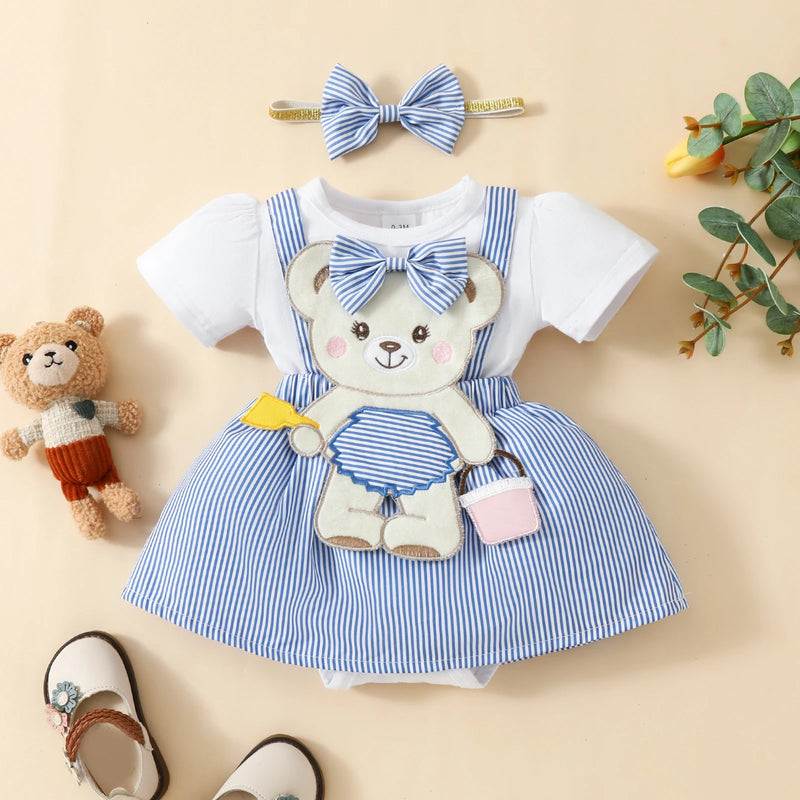 Spring Infant Baby Girls Bodysuit Dress Short Sleeve Cartoon Embroidery Jumpsuit Headband Clothes