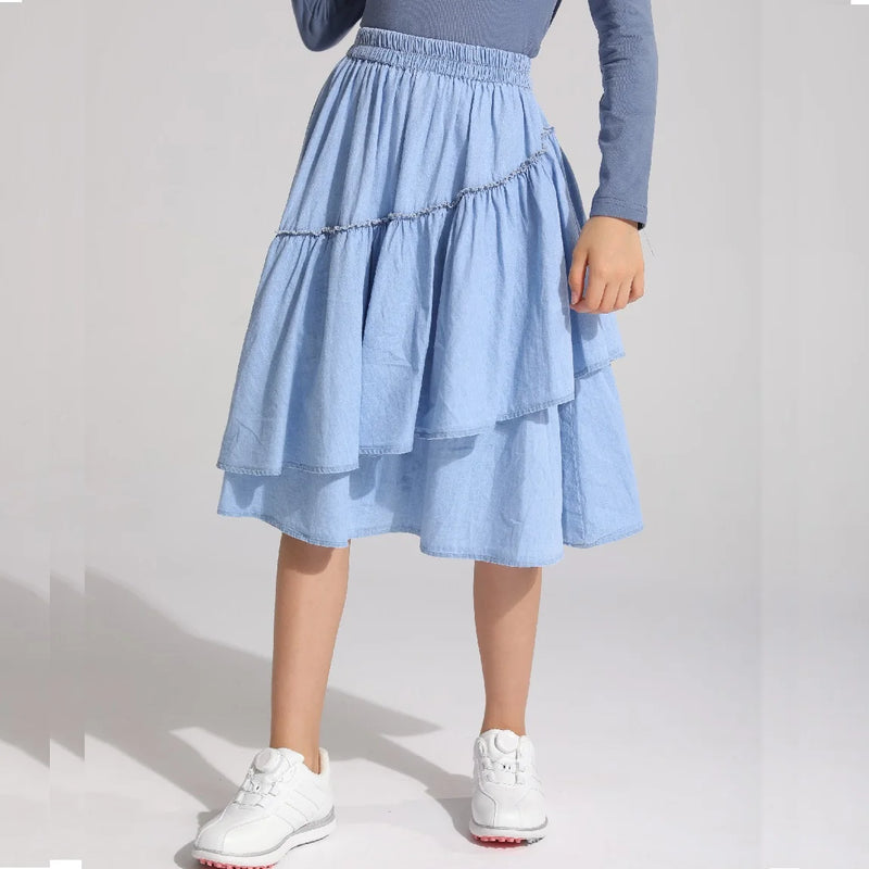 Girls Teen Kids Midi Ruffles Denim Skirt Cotton Summer Jersey Top Patchwork Denim Neck Mommy and Daughter