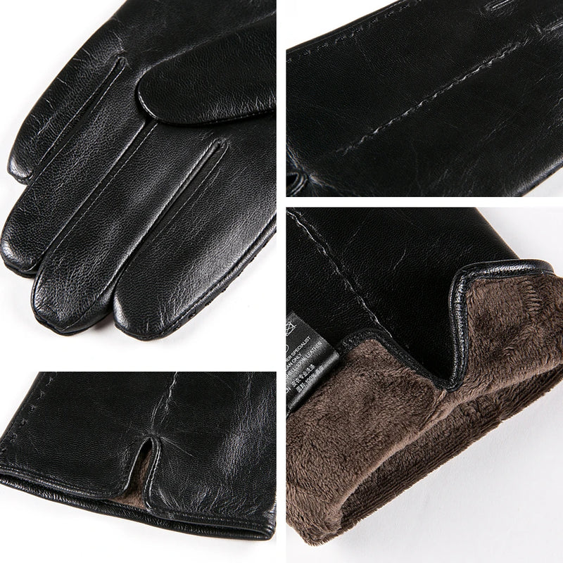 Winter Real Leather Gloves Men Black Genuine Gloves Fleece Lining Warm