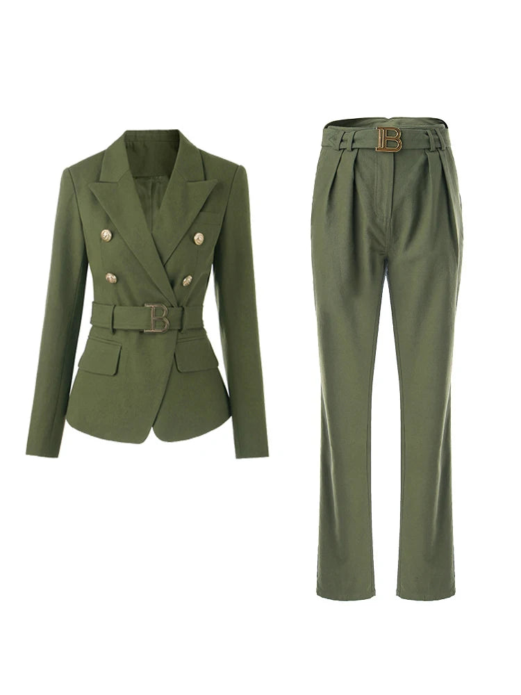 Designer Women's Linen Lion Buttons Belted Jacket Pencil Pants