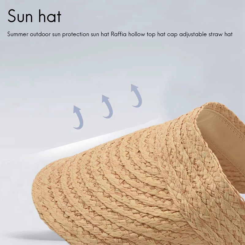 Ladies Anti-Uv Roll Up Sun Visor Hat Women Straw Raffia Sun Visor Caps