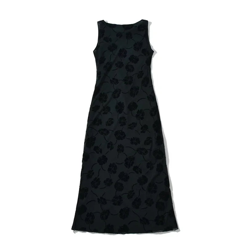 Women Floral Jacquard  Mesh Dress elegant Sleeveless