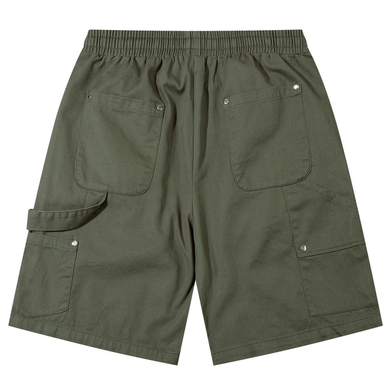 American Style Washed Solid Color Knee-length Shorts Casual Short Pants Mens Summer Loose Drawstring Elastic Waist Multi-Pocket