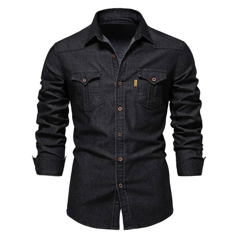 Men Denim Long Sleeve Shirts Casual Solid Single Breasted Top Men Elastic Pure Cotton