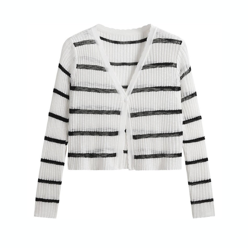 Classic Striped Cardigan Short linen Knitted Jacket Spring Summer Style Knitted Cardigans Women