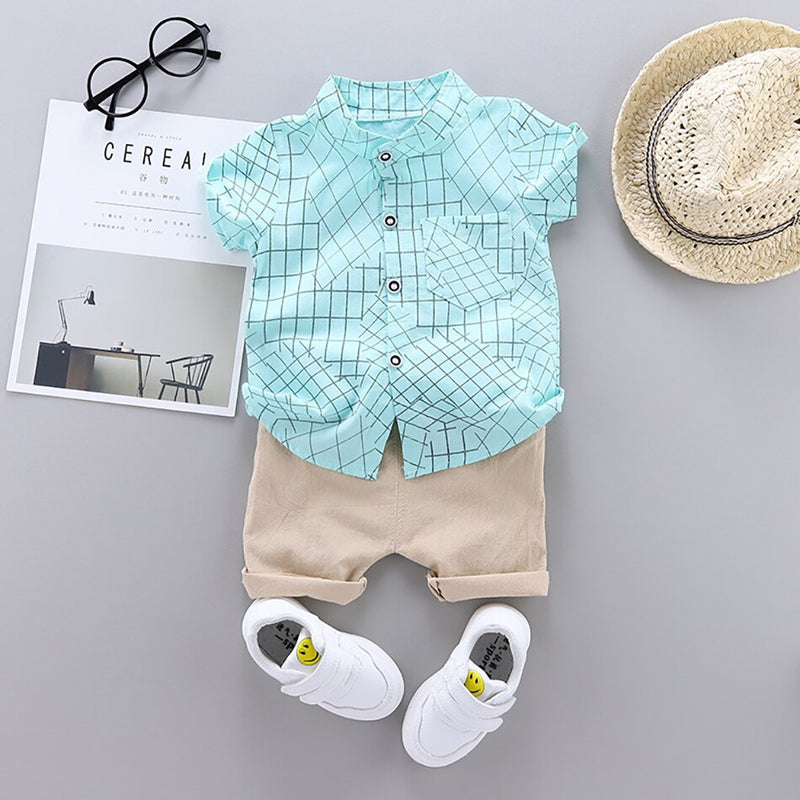 Kids Baby Boy Clothes Simple Lattice Summer Sets 2Pcs Short Sleeve Shirt+Shorts Child Boy Beach Wear Outfits