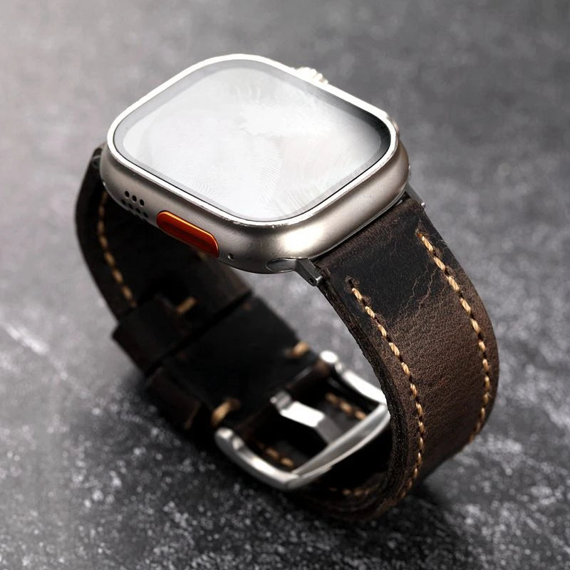 Handmade Leather Strap Grey For Apple Watch Double Thickened Men Bracelet Brushed Leather