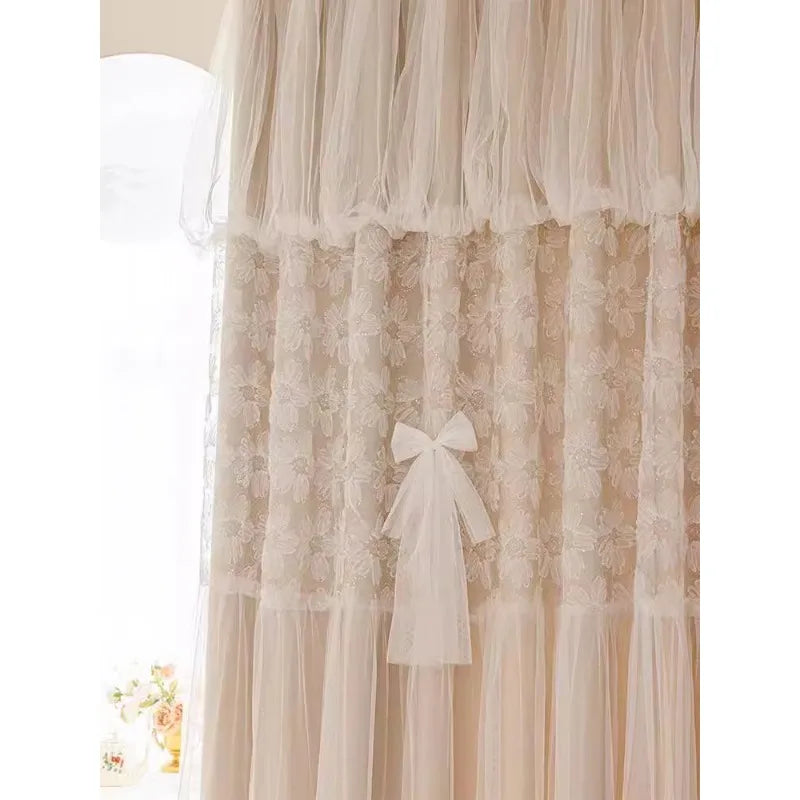 French Lace Double Embroidered Flower Curtains for Living Dining Room Bedroom Yarn One Princess Girl's Room Blackout Feeling